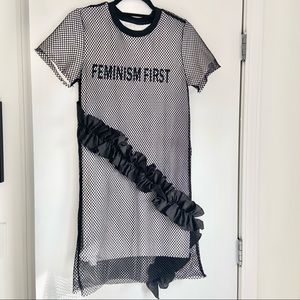 'Feminism First' T Shirt Dress with Netted Layer